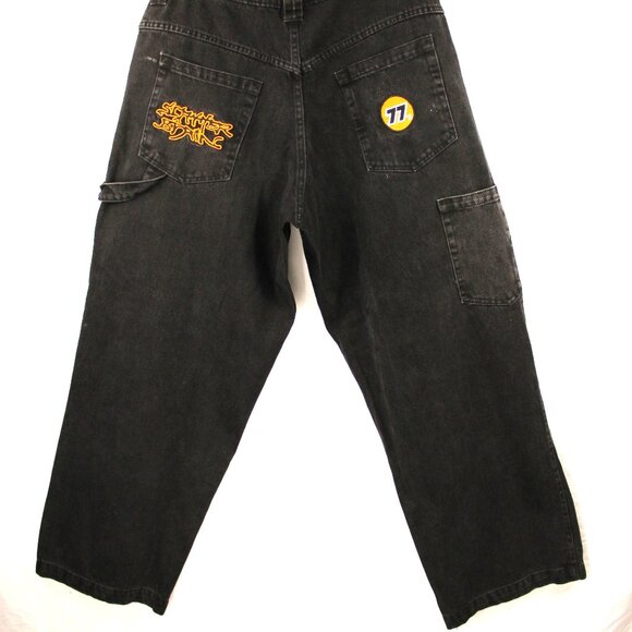 77'S HIP HOP BLACK EMBROIDERED PATCH BAGGY CARPENTER SK8R JEANS SZ Lg GRUNGE - Picture 4 of 14